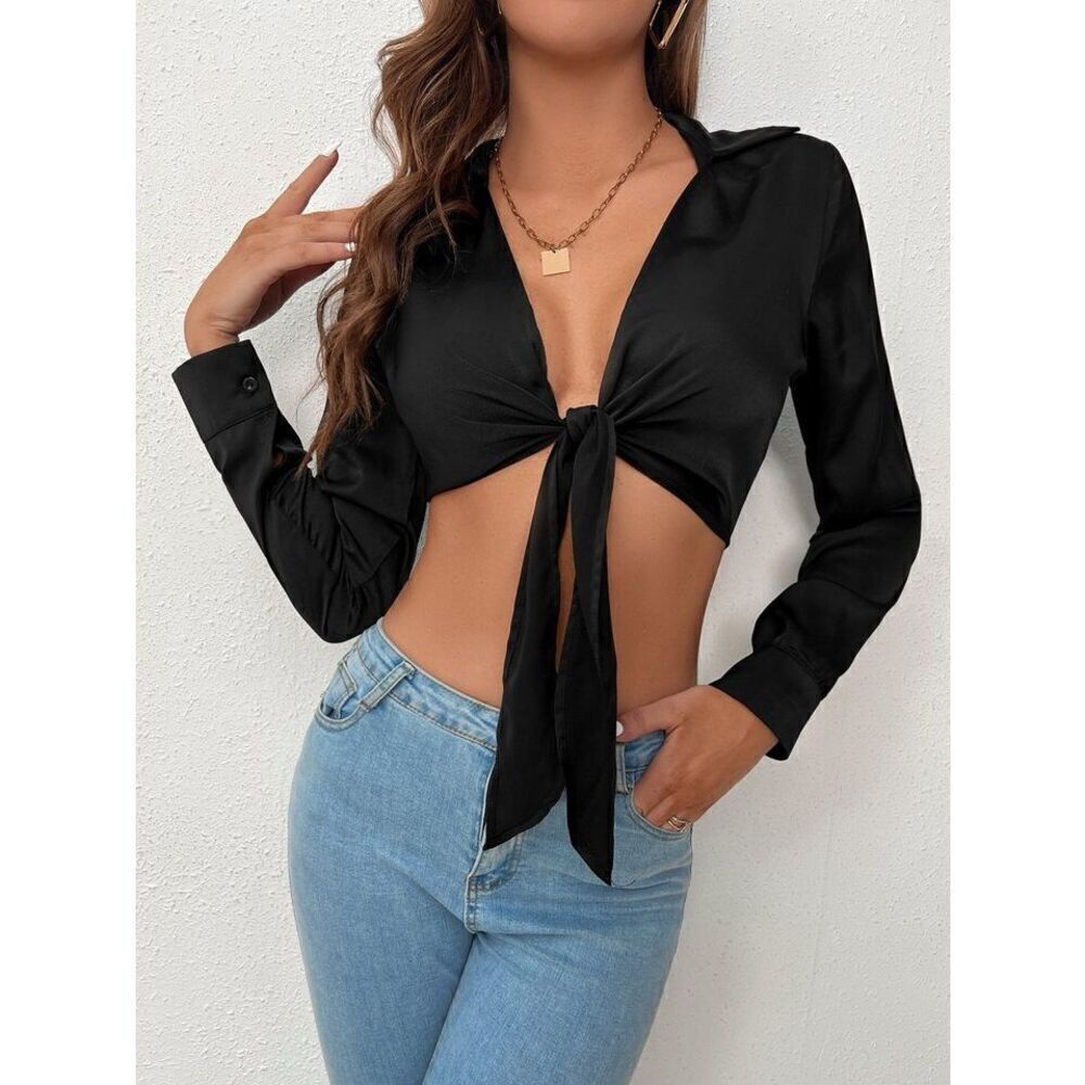 SHEIN Black Silk Tie Front Blouse